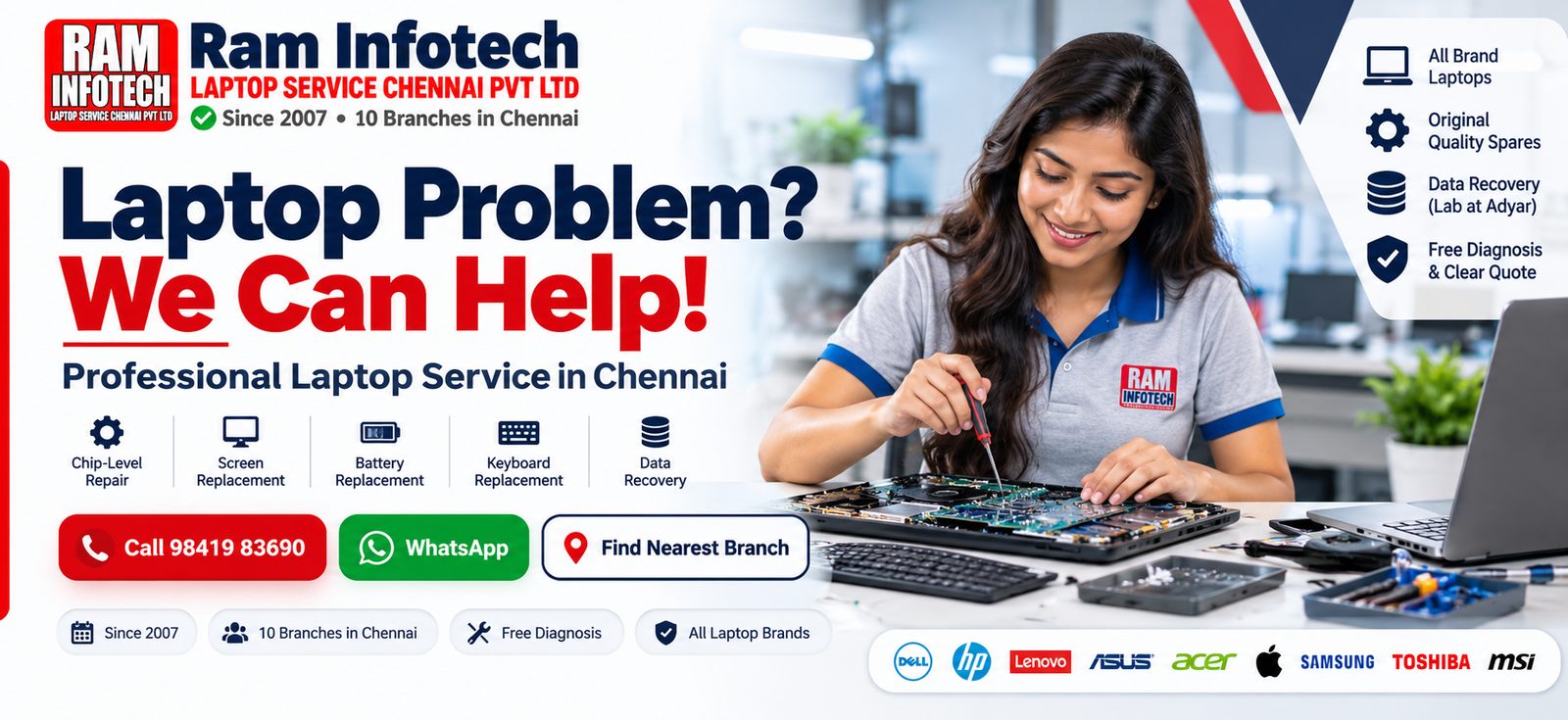 Ram Infotech technician repairing a laptop motherboard at the Chennai service center – chip-level repair, screen, battery and keyboard replacement and data recovery, since 2007 with 10 branches